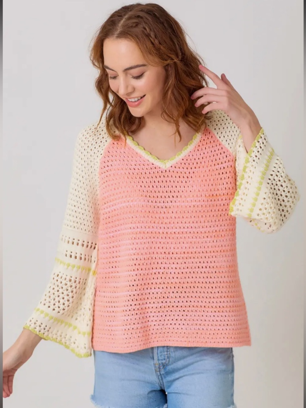 2013. Crocheted knit bell sleeve summer sweater peace